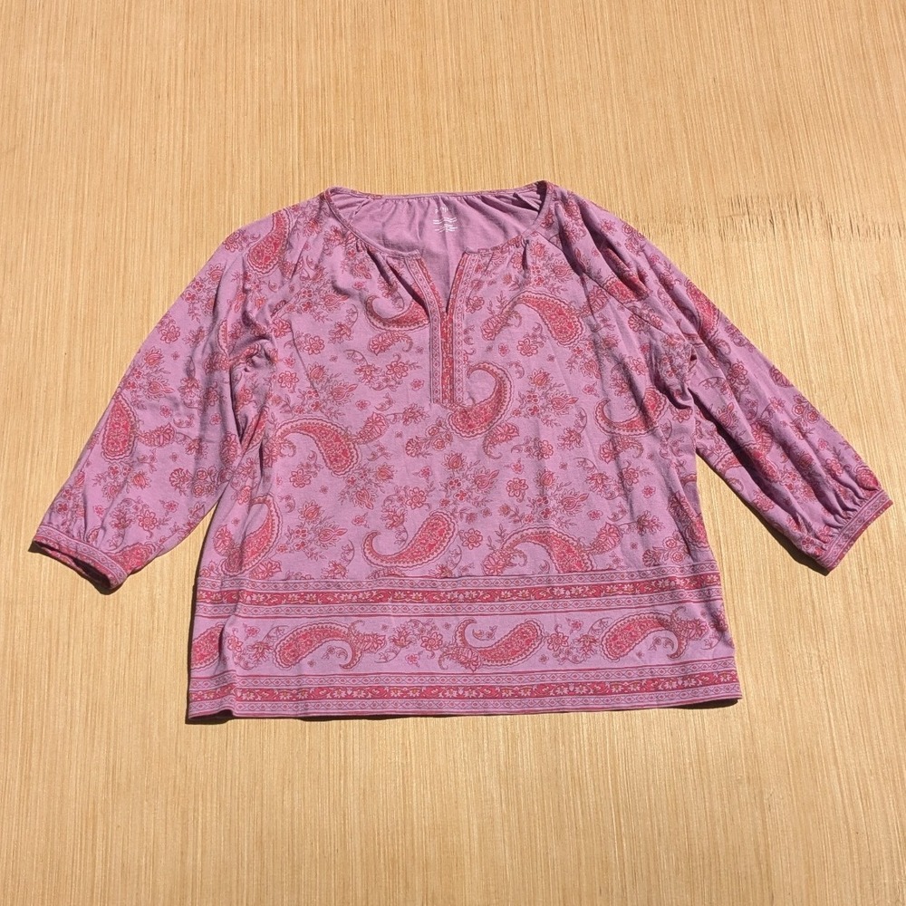 Pure Jill Blouse Paisley Floral Print Split Neck Boho Casual Top Women's Medium‎